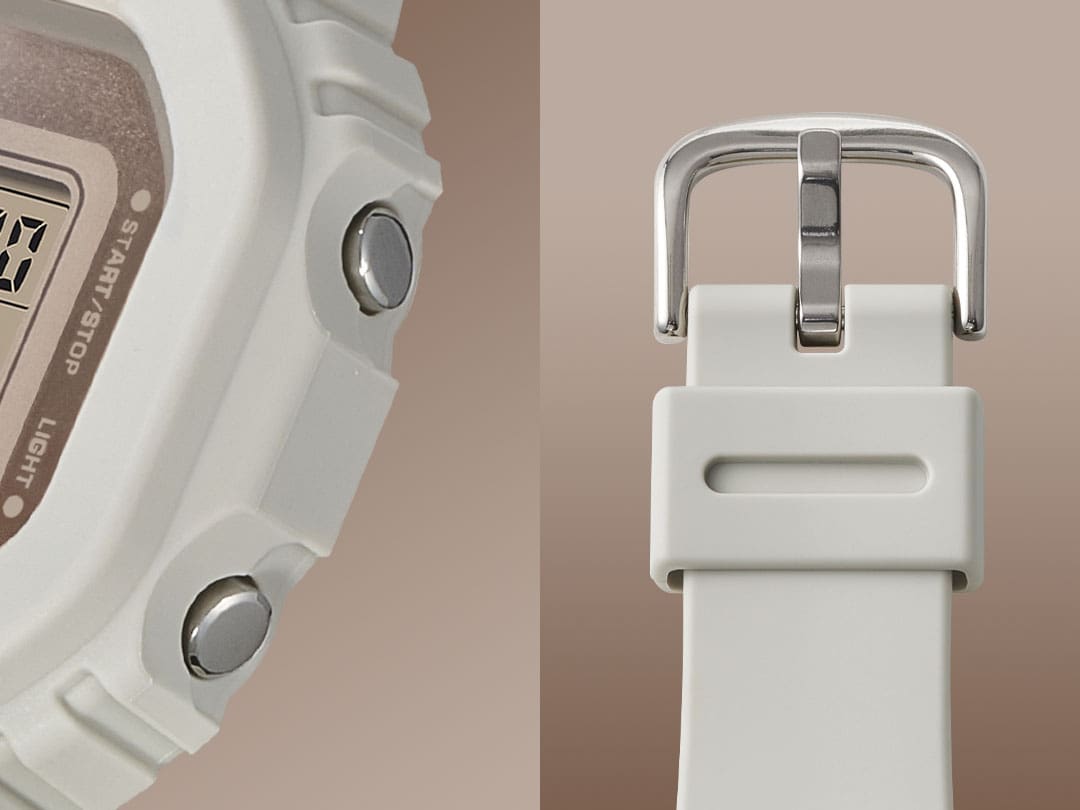 GMD-S5600-8 Links: Die silbernen Edelstahlknöpfe an der Gehäuseseite der GMD-S5600-8 Damenuhr, rechts: Die silberne Edelstahlschließe des Armbandes