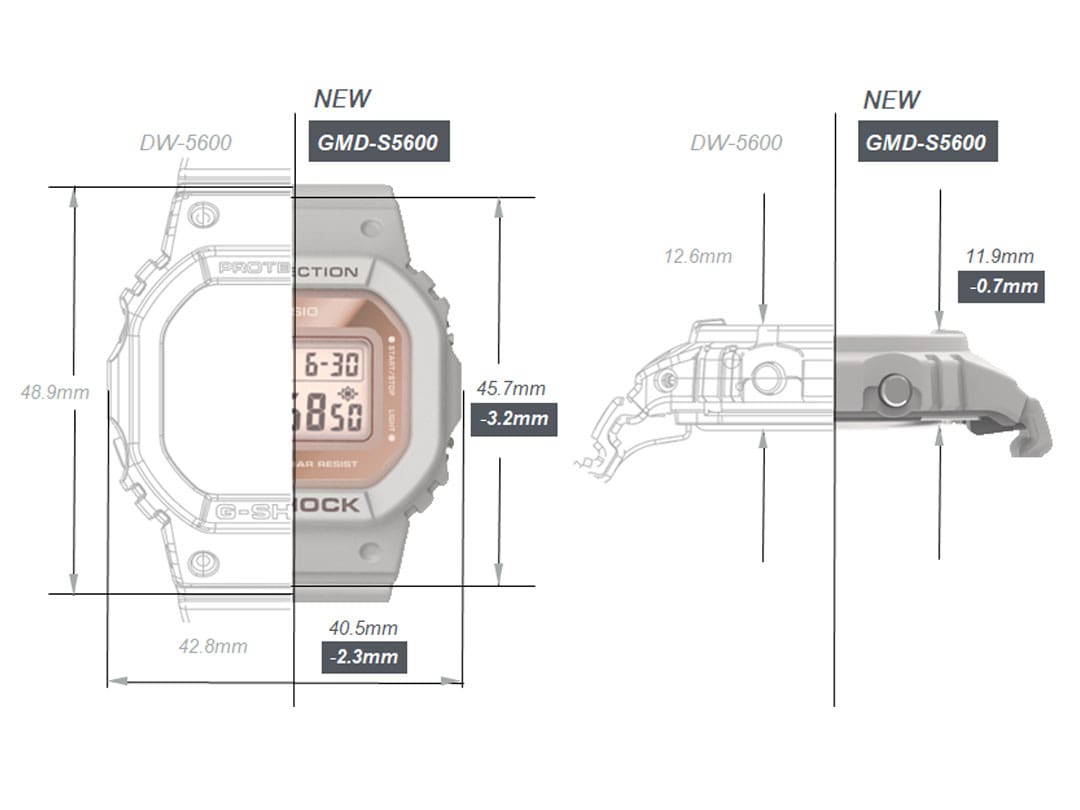 Skizze eines DW-5600-Models im Größenvergleich mit dem schlankeren GMD-S5600-Model