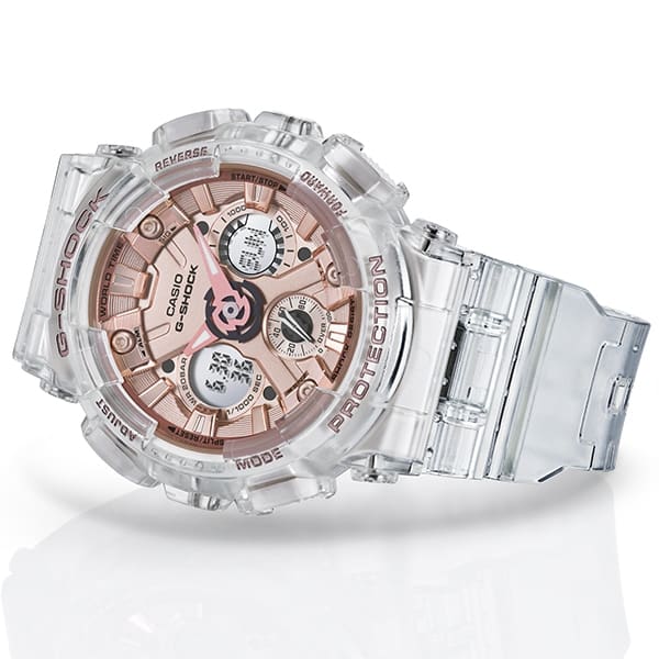 Die GMA-S120SR-7A Sportuhr mit transoarentem Armband und rosafarbenem Zifferblatt