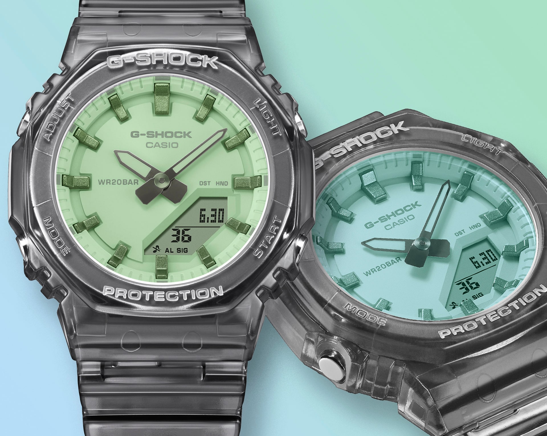 Das Bild des GMA-P2100SR-1A zeigt das durchsichtige Design mit einer Lünette und einem Band aus vollständig glasbeschichtetem und halbtransparentem Kunststoff, das je nach Betrachtungswinkel seinen Ausdruck verändert