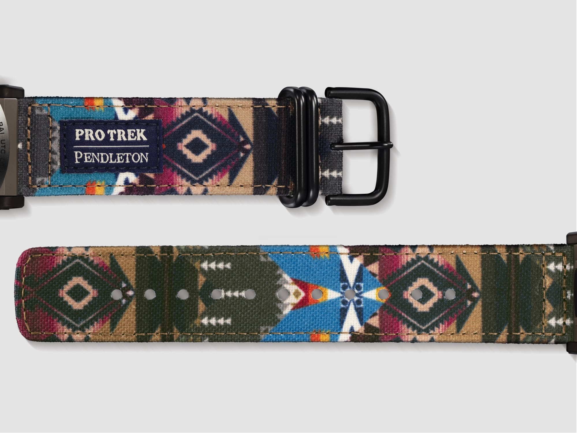 Detailansicht der beiden Armbandteile der digital-analogen PRG-601PE-5 Armbanduhr mit Pendleton-Design