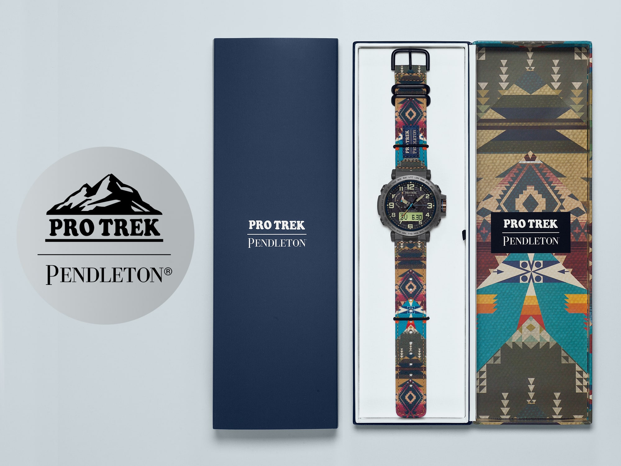 Links: Plakette mit Pro Trek-Logo und Pendleton-Logo. Mitte: Die blaue Verpackungsbox. Rechts: Die offene Schatulle mit Uhr.