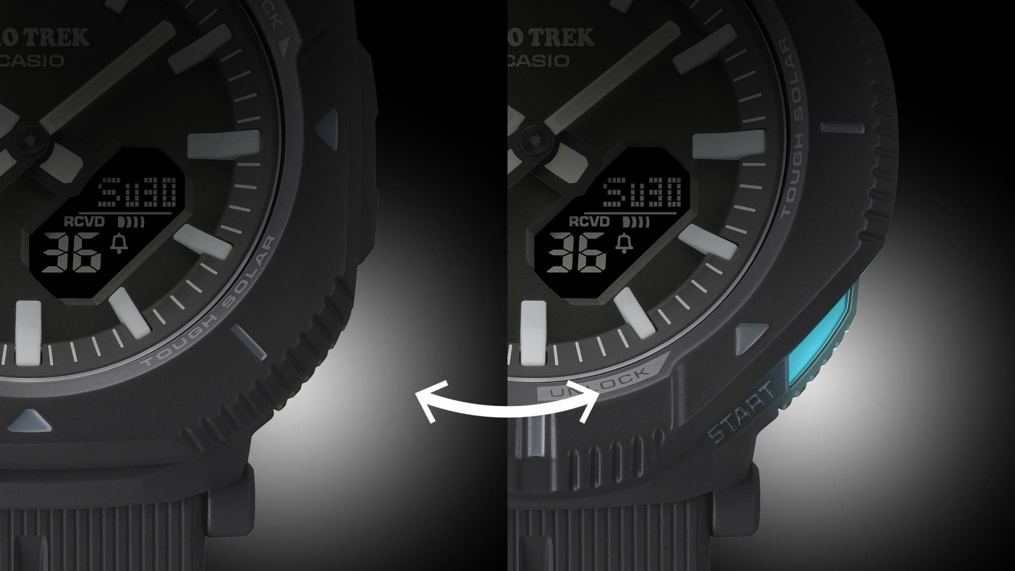 Links: Nahaufnahme der Lünette einer PRJ-B001 Armbanduhr mit der breiten Seite nach unten eingestellt, so dass die Außenfunktionen geschützt sind. Rechts: Nahaufnahme der Lünette einer PRJ-B001 mit der Ecke nach unten eingestellt, so dass die Außenfunktionen leichter zu bedienen sind.