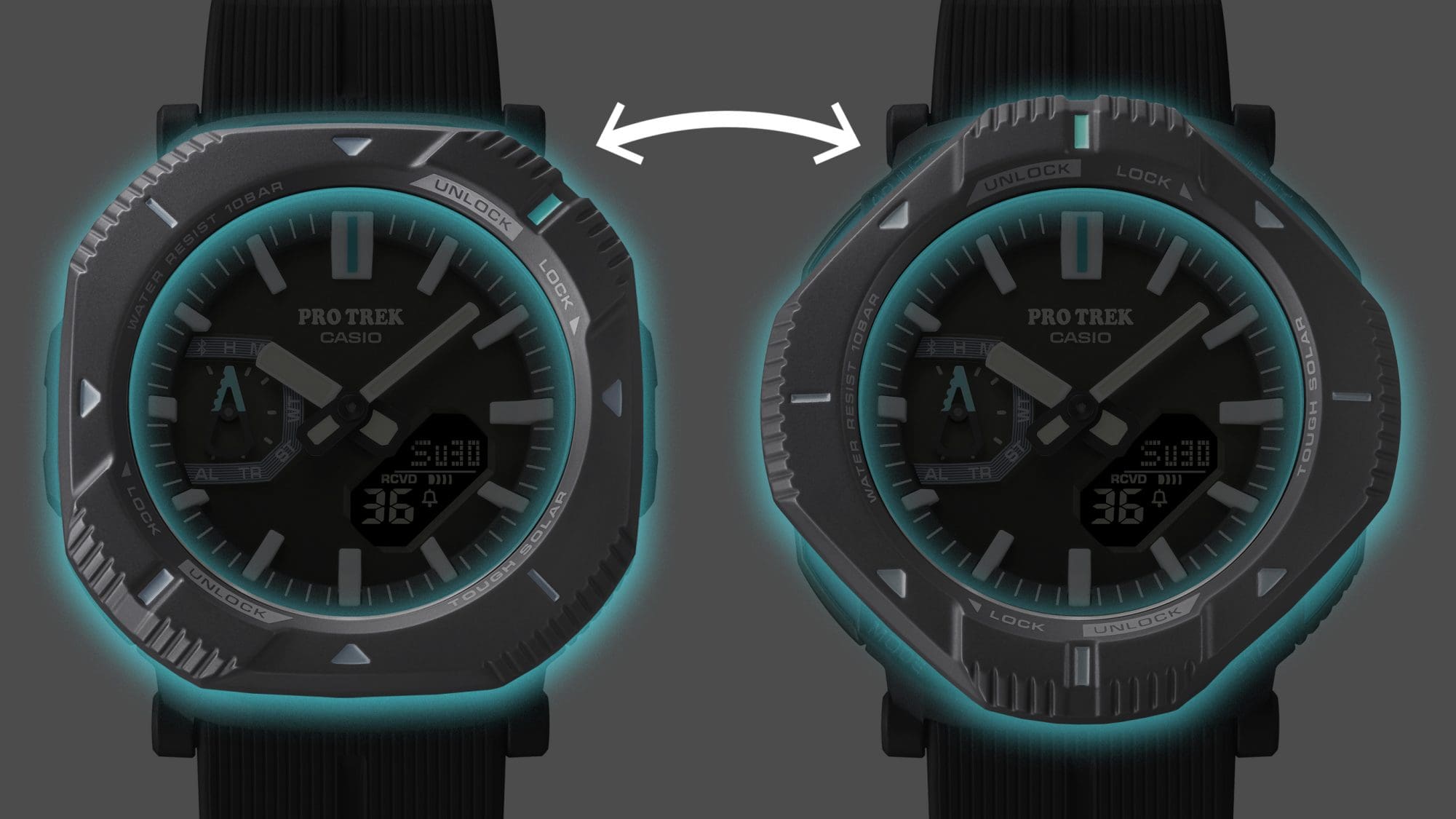 Links: Eine PRJ-B001 Armbanduhr mit Lünette in quadratischer Position, so dass die Tasten leicht erreichbar sind. Rechts: Eine PRJ-B001 mit Lünette in Karo-Position, so dass die Tasten geschützt sind