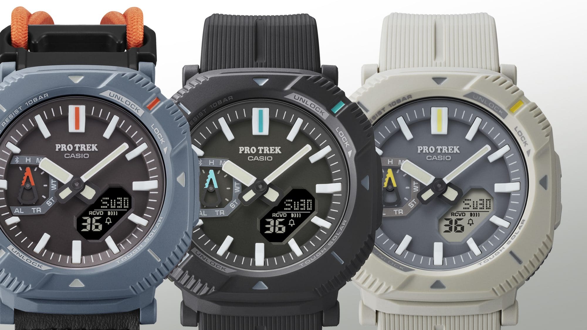Die drei PRJ-B001-Modelle: Die blaue PRJ-B001B-2, die schwarze PRJ-B001-1 und die helle PRJ-B001-7