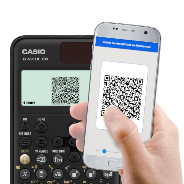 Ein QR-Code auf dem Grafikrechner fx-991DE CW wird von einem Smartphone gescannt.