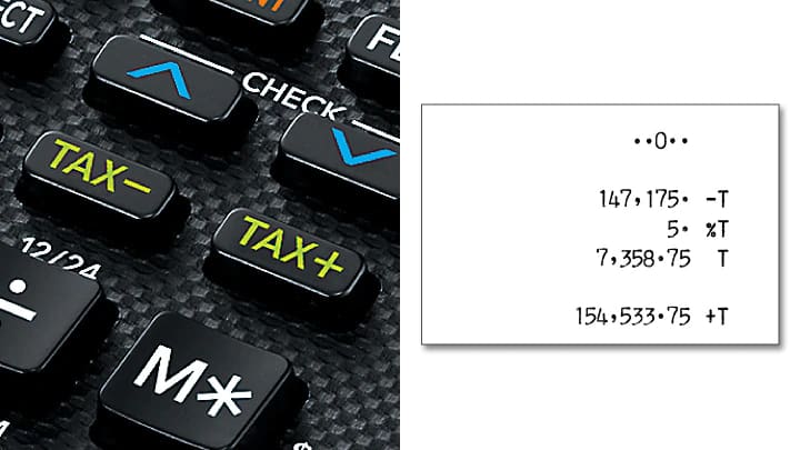  Nahaufnahme der TAX- und TAX+ Zeichen auf dem druckenden Rechner