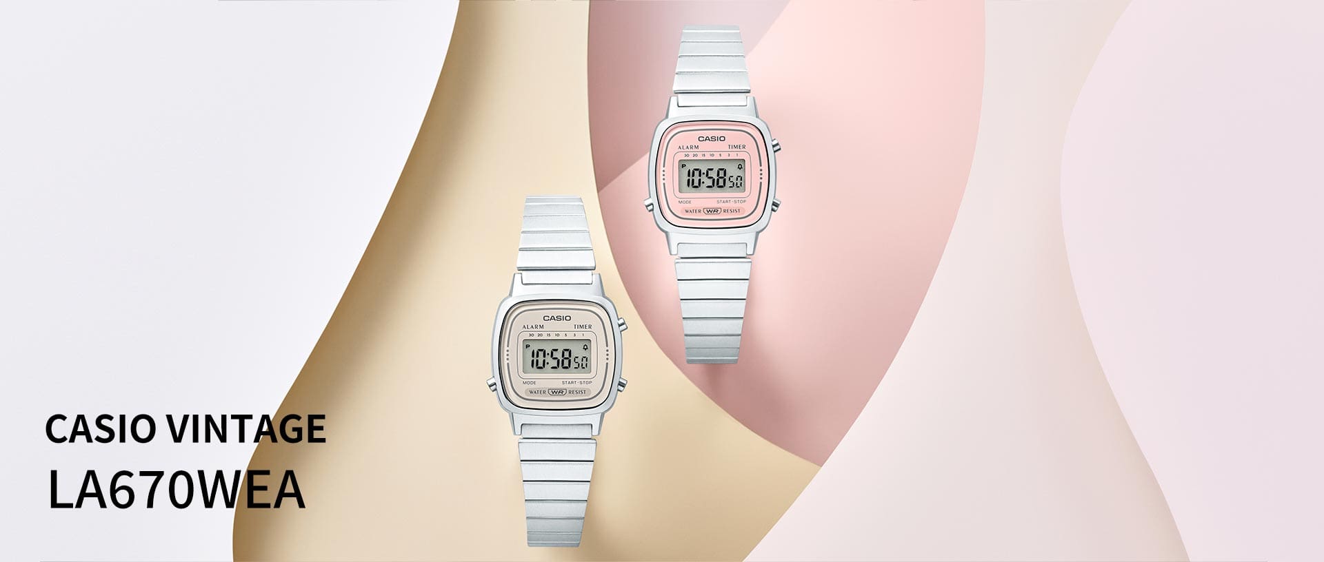 Zwei Armbanduhren mit silbernem Armband vor abstraktem HIntergrund, Text ergänzt das Bild: Casio Vintage LA970WEA