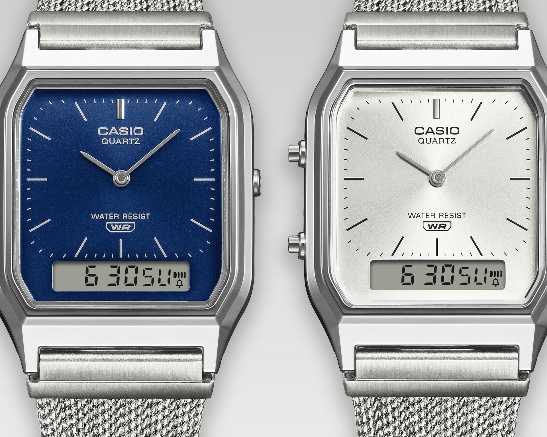 The two silver vintage wristwatches, the AQ-230EM-2A and AQ-230EM-7A