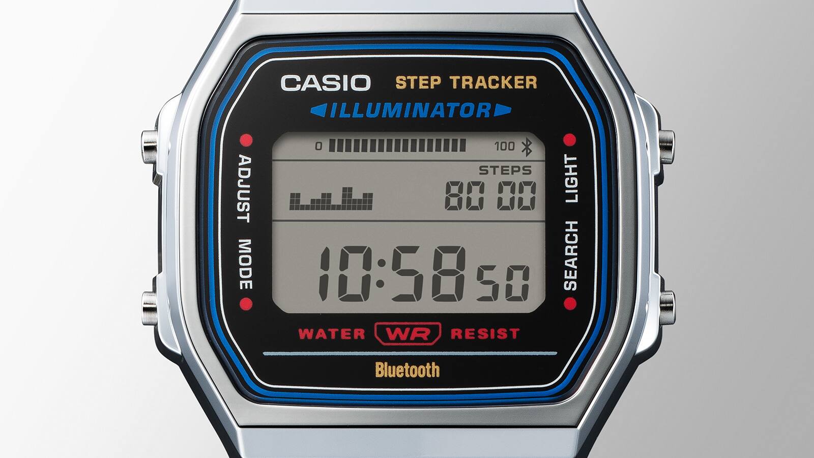 Close-up of the display of the ABL-100WE-1A pedometer watch