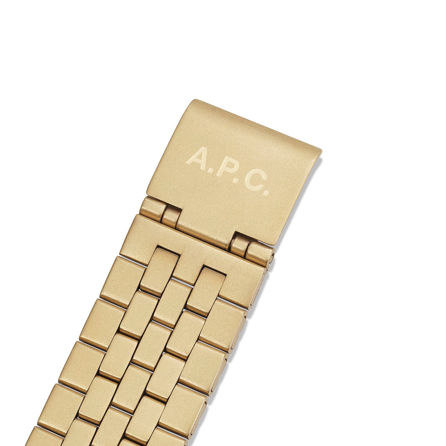 Detailed view of the bracelet clasp of the Casio A1000ACG-9 with A.P.C. lettering