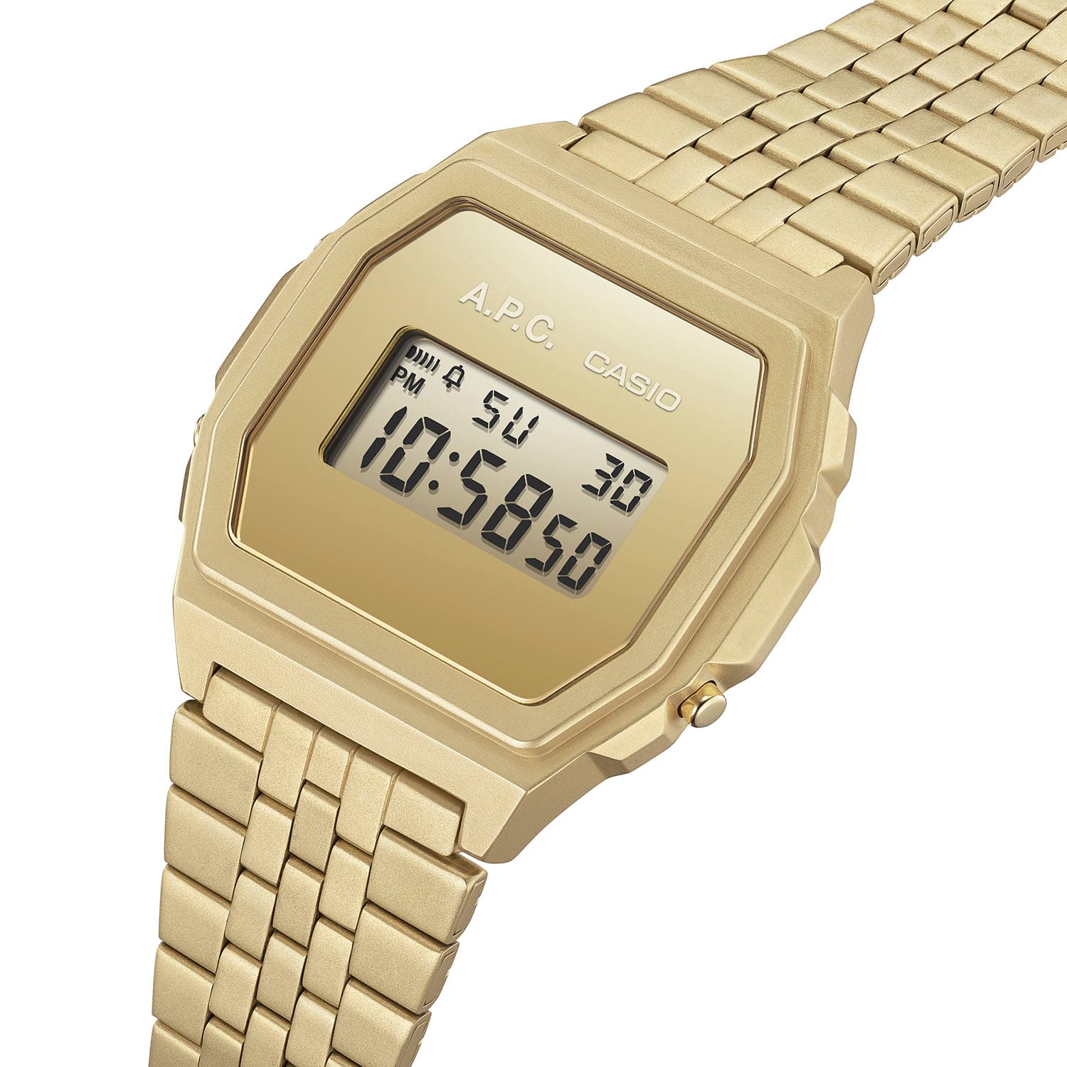 Diagonal view of the A1000ACG-9 vintage watch with gold-coloured stainless steel bracelet and gold display