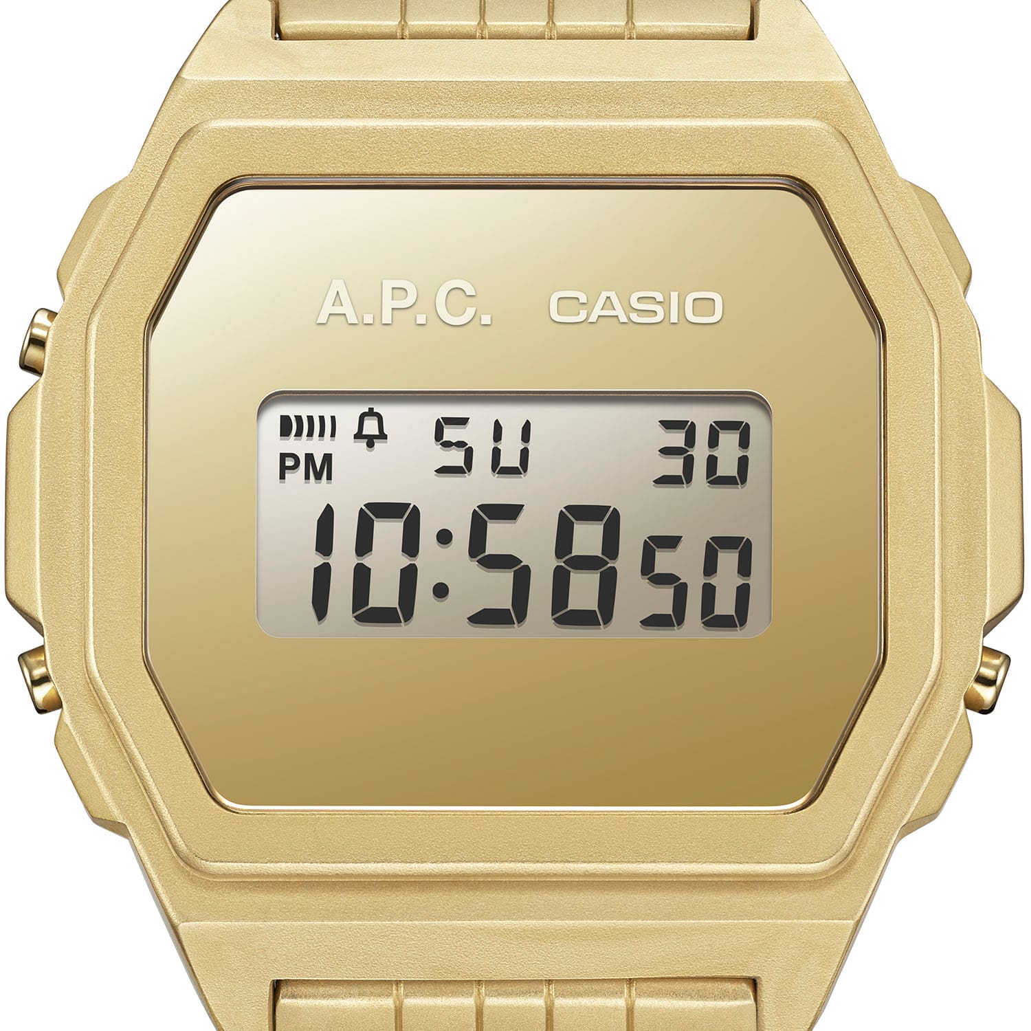 Close-up of the clear, gold-coloured display of the A1000ACG-9 stainless steel watch