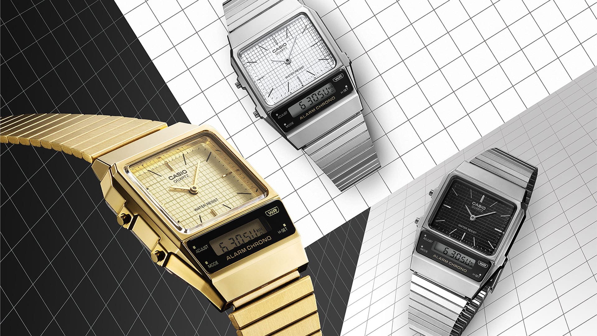 From left to right: AQ-800EG-9A, AQ-800E-7A, AQ-800E-1A The three AQ-800E models against a black and white chequered background: the gold-coloured AQ-800EG-9A, the silver AQ-800E-7A with a white dial and the silver AQ-800E-1A with a black dial