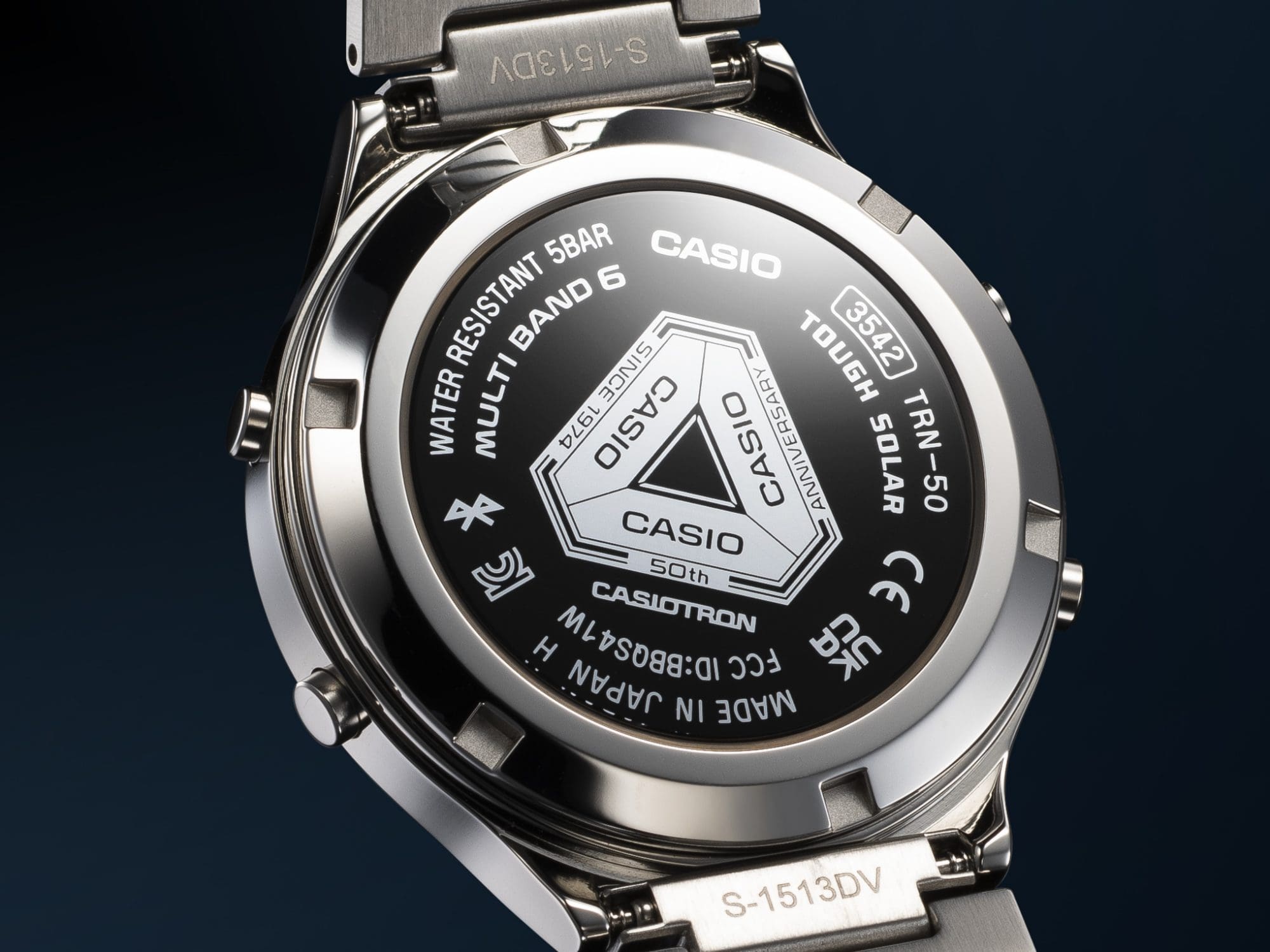 Case back of the limited edition TRN-50-2A with Casiotron anniversary symbol