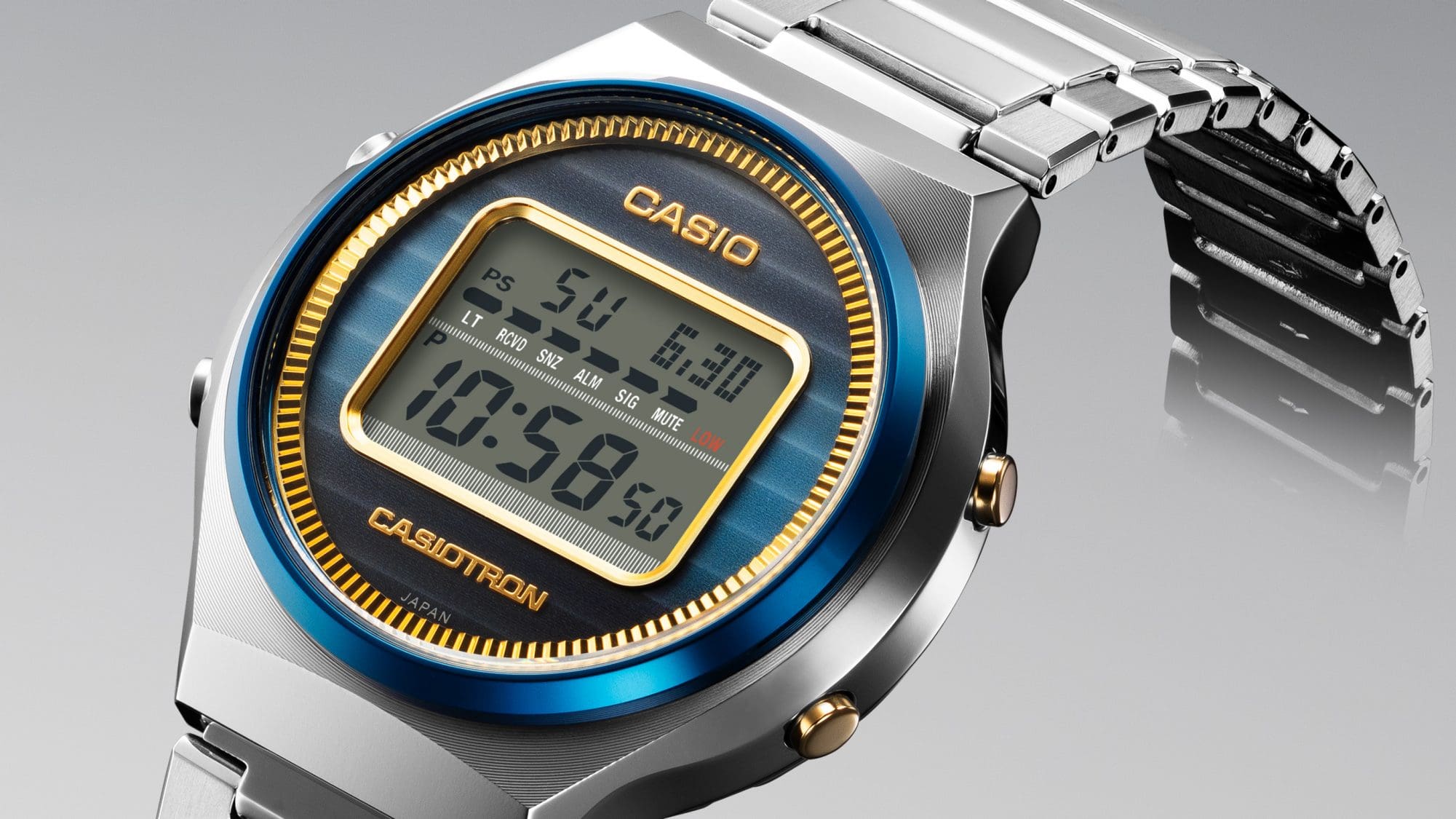Diagonal view of the display and case of the TRN-50SS-2A 50th Anniversary watch from Casio