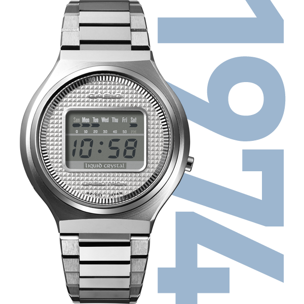 The silver-coloured Casiotron digital watch QW02 next to the year 1974