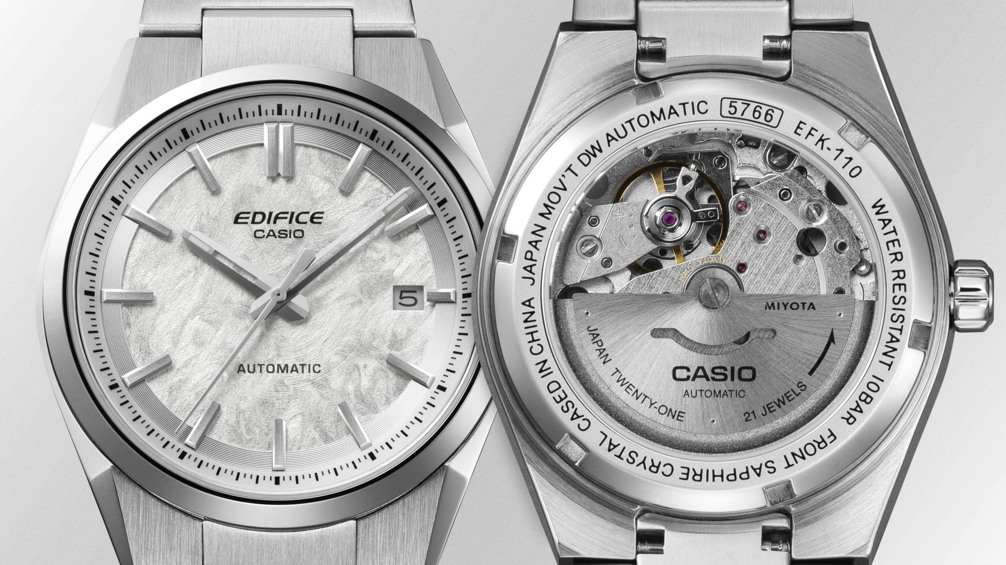 Image of the EFK-110 featuring a Japanese-made mechanical movement visible through the see-through case back