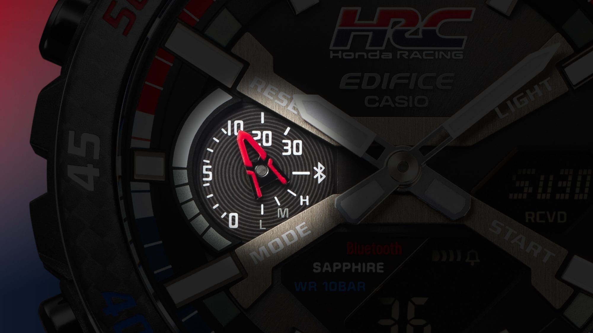 Close-up of the countdown display at the 9 o'clock position on the Edifice ECB-2000 wristwatch