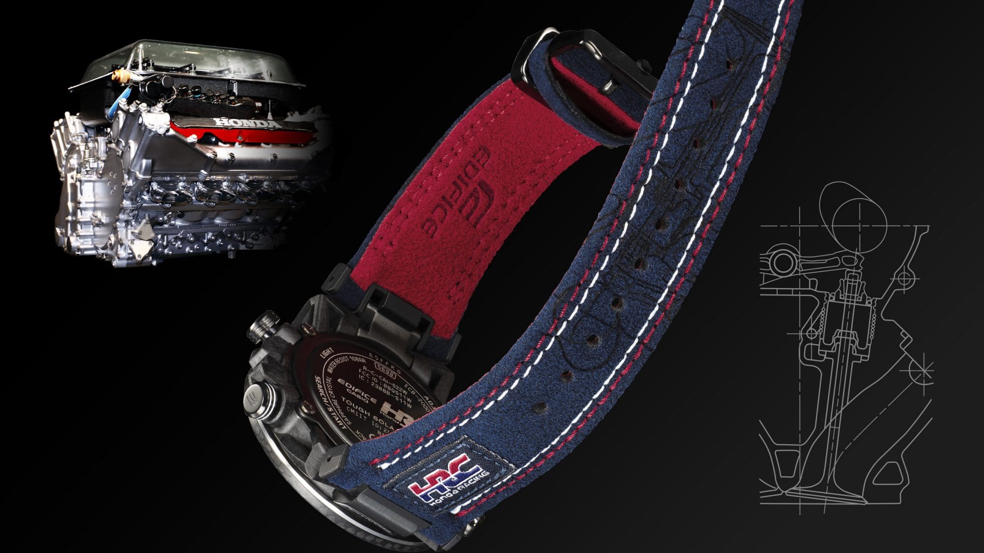 Close-up of the image of the Honda racing engine, the HRC logo, the Edifice logo and the Edifice lettering on the strap of the ECB-2000HR-1A