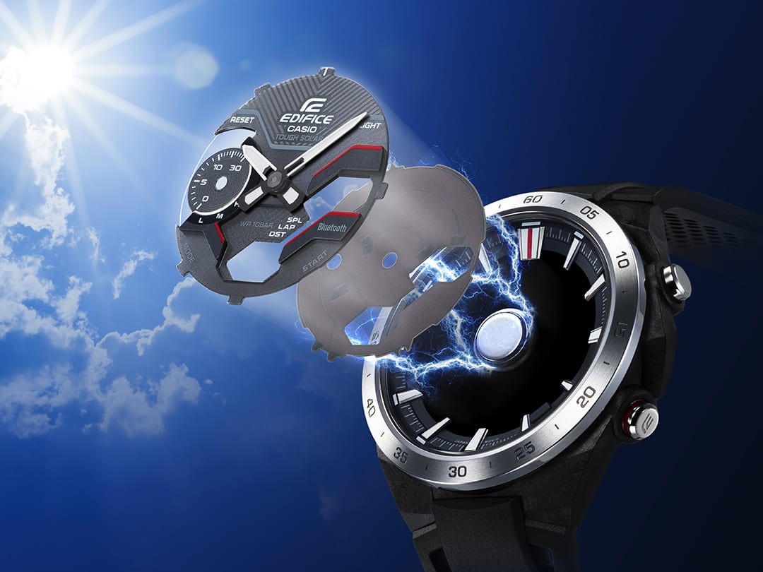 Graphic of a watch face floating in front of a watch case. Blue energy flashes connect the watch face and case.