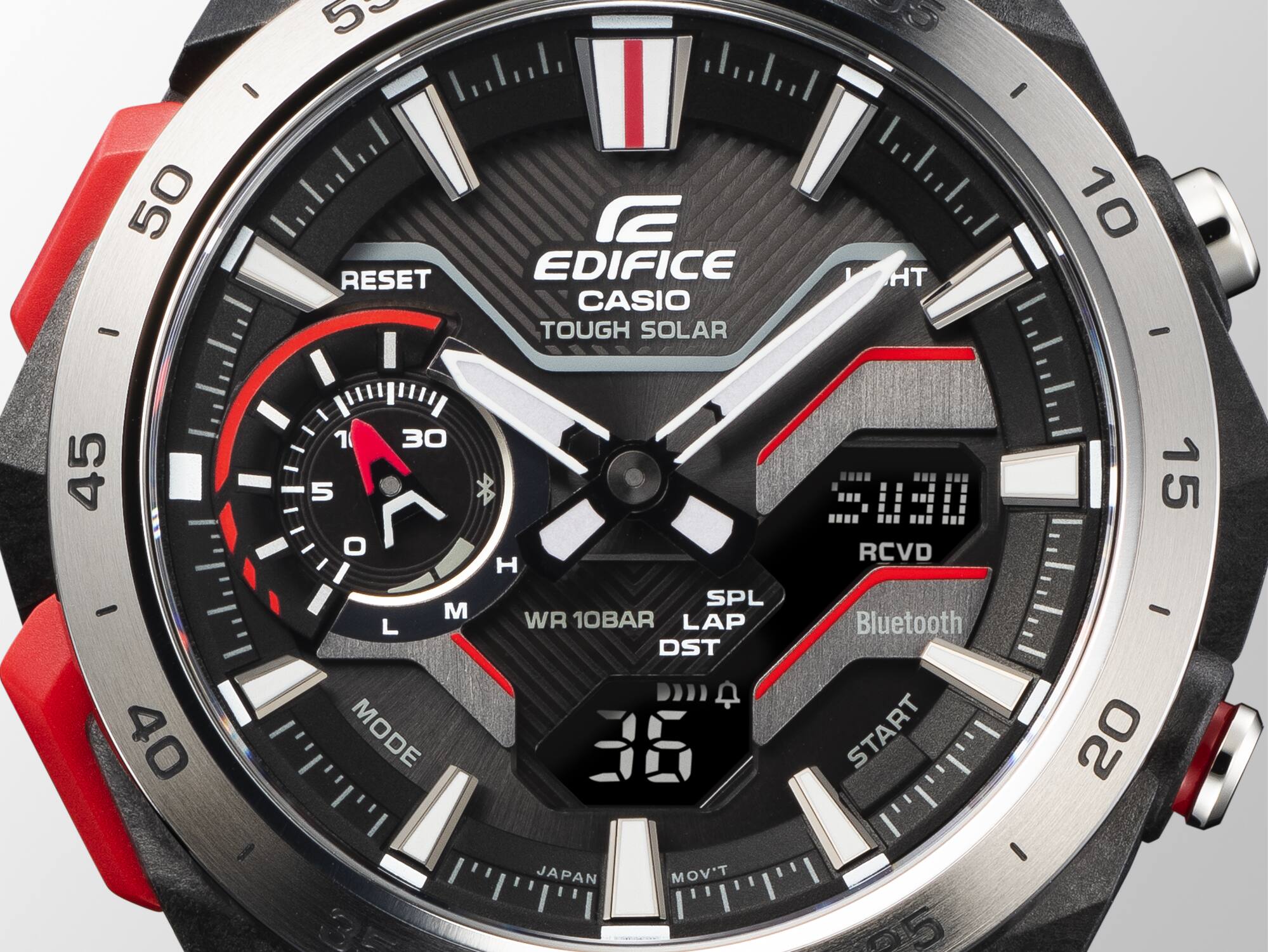 Close-up of the face of the Edifice ECB-2200 wristwatch