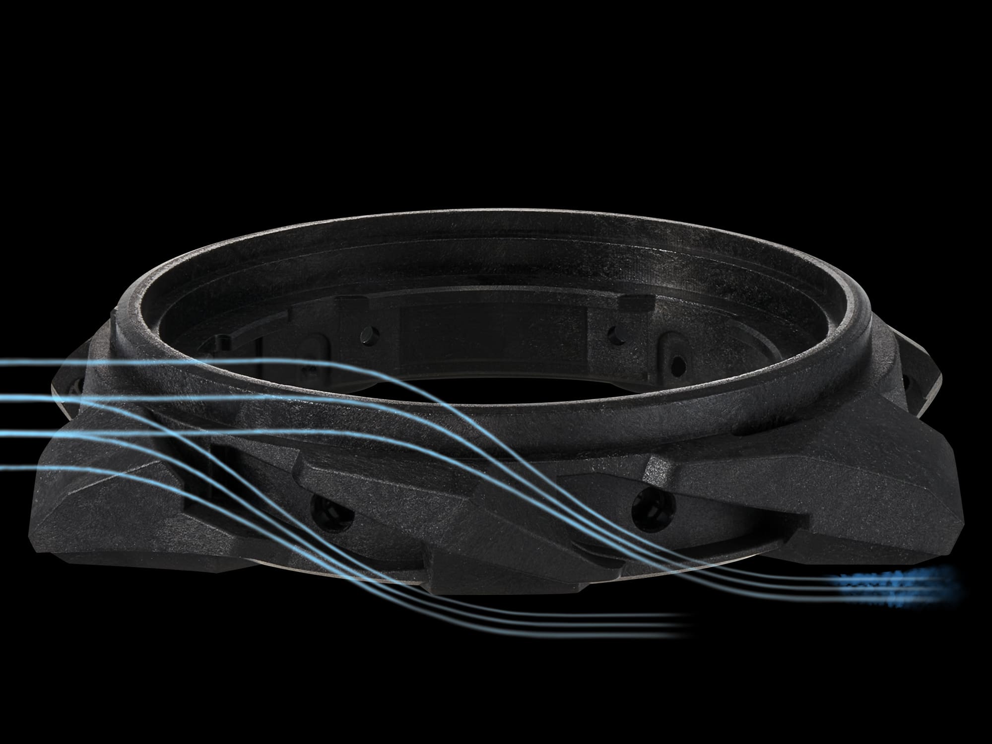 Detailed view of the case component with the blue airflow lines, to illustrate the design inspiration