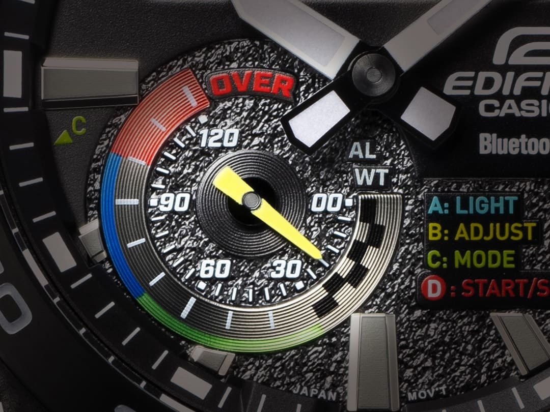 Close-up of the schedule timer in the dial of the Casio Edifice ECB-40MP wristwatch