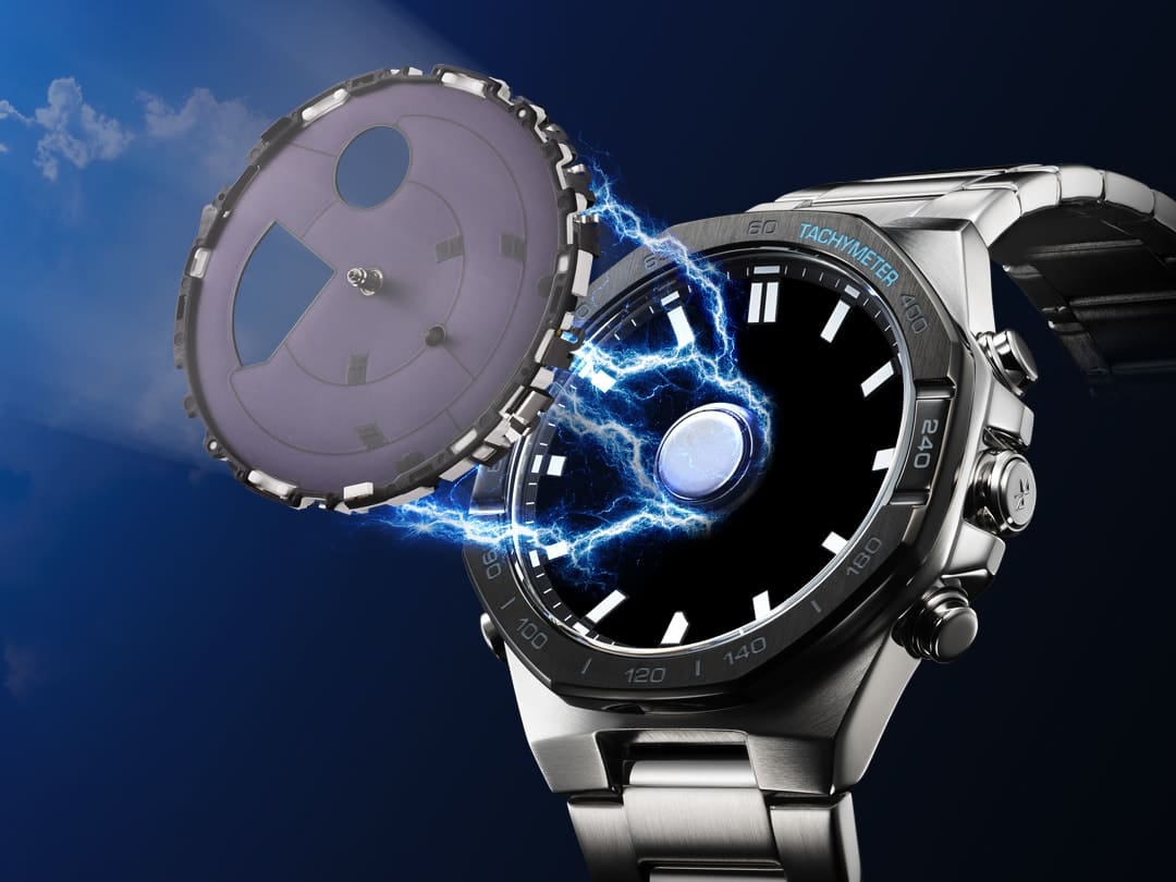Graphic of a watch face floating in front of a watch case. Blue energy flashes connect the face and the case