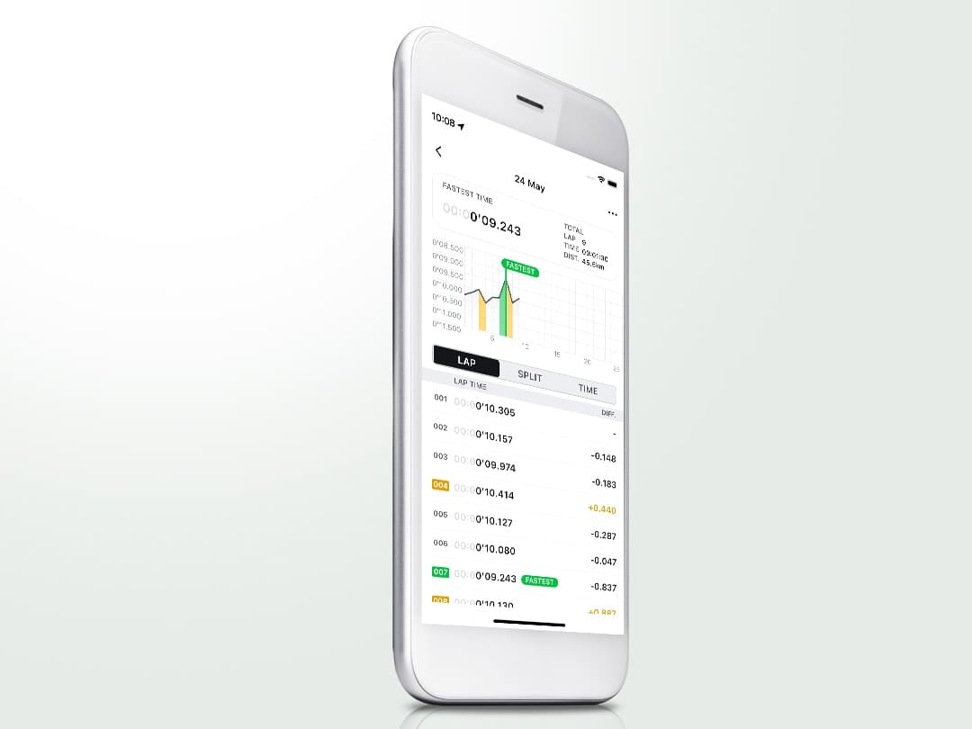 A smartphone displaying measured lap times transmitted via smartphone link