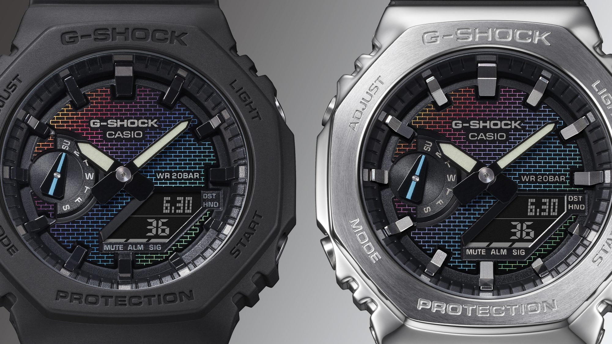 GA-2100RW-1A and GM-2100RW-1A Two hybrid watches from the Casio G-Shock GA-2100 series: the black GA-2100RW-1A and the GM-2100RW-1A with a black strap and silver-coloured case