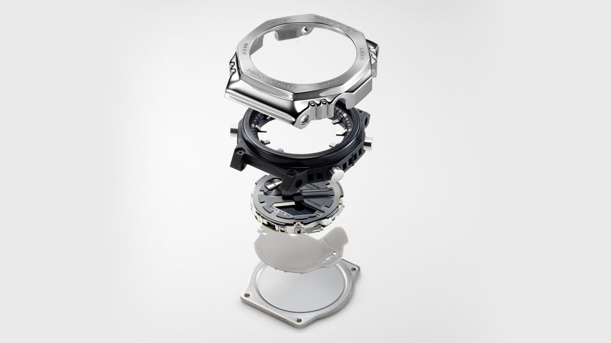 The individual components of the case shown one above the other