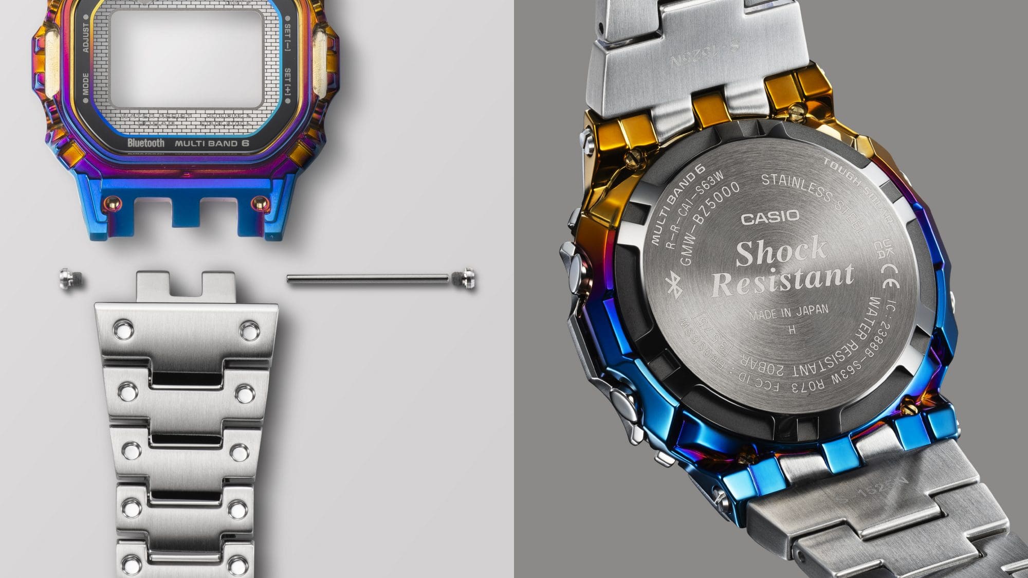 Image of the three-pronged lug band connection and the screw-lock case back of the GMW-BZ5000RC