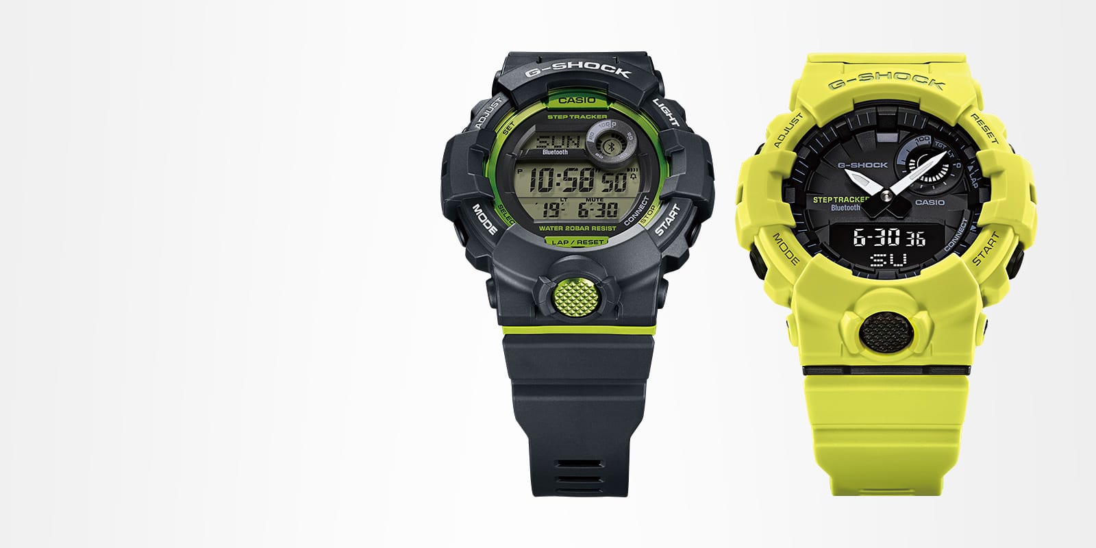 The black G-Squad GBD-800-8 with yellow highlights, next to a neon-yellow hybrid watch with a black dial