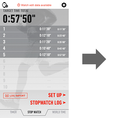 Menu of stopwatch measurement data in the G-SHOCK Connected app; on the right, a grey arrow points to the right to the following images