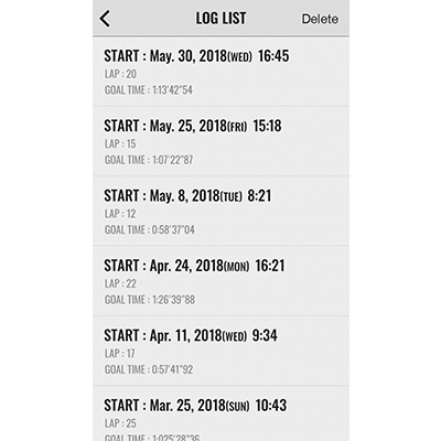 Stopwatch log list in the G-SHOCK Connected app
