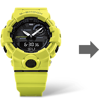The yellow Casio G-Squad GBA-800-9A running watch with black dial; on the right, a grey arrow points to the right to the following images