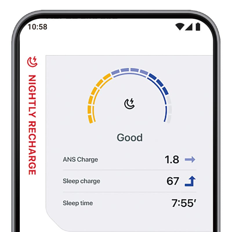 Smartphone display shows Nightly Recharge screen with Good rating and sleep analysis data