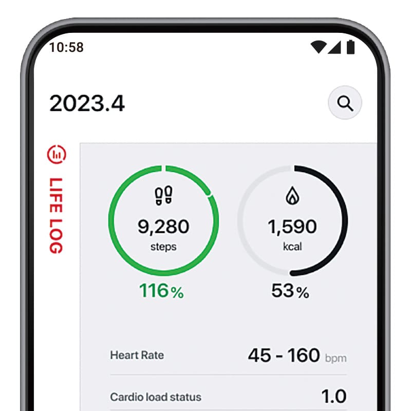 Smartphone display shows live log data: steps, calories burned, heart rate, cardio load status
