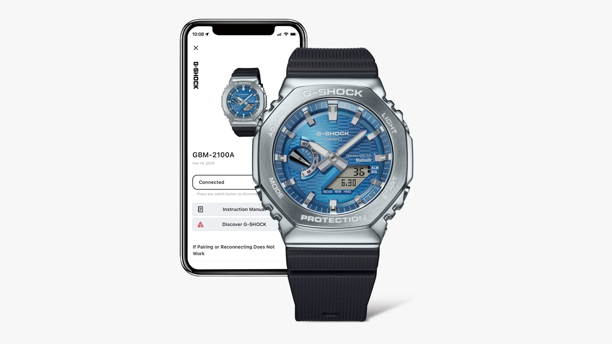 The blue and black GBM-2100 wristwatch with Bluetooth® connection next to a smartphone with the CASIO Watches App.