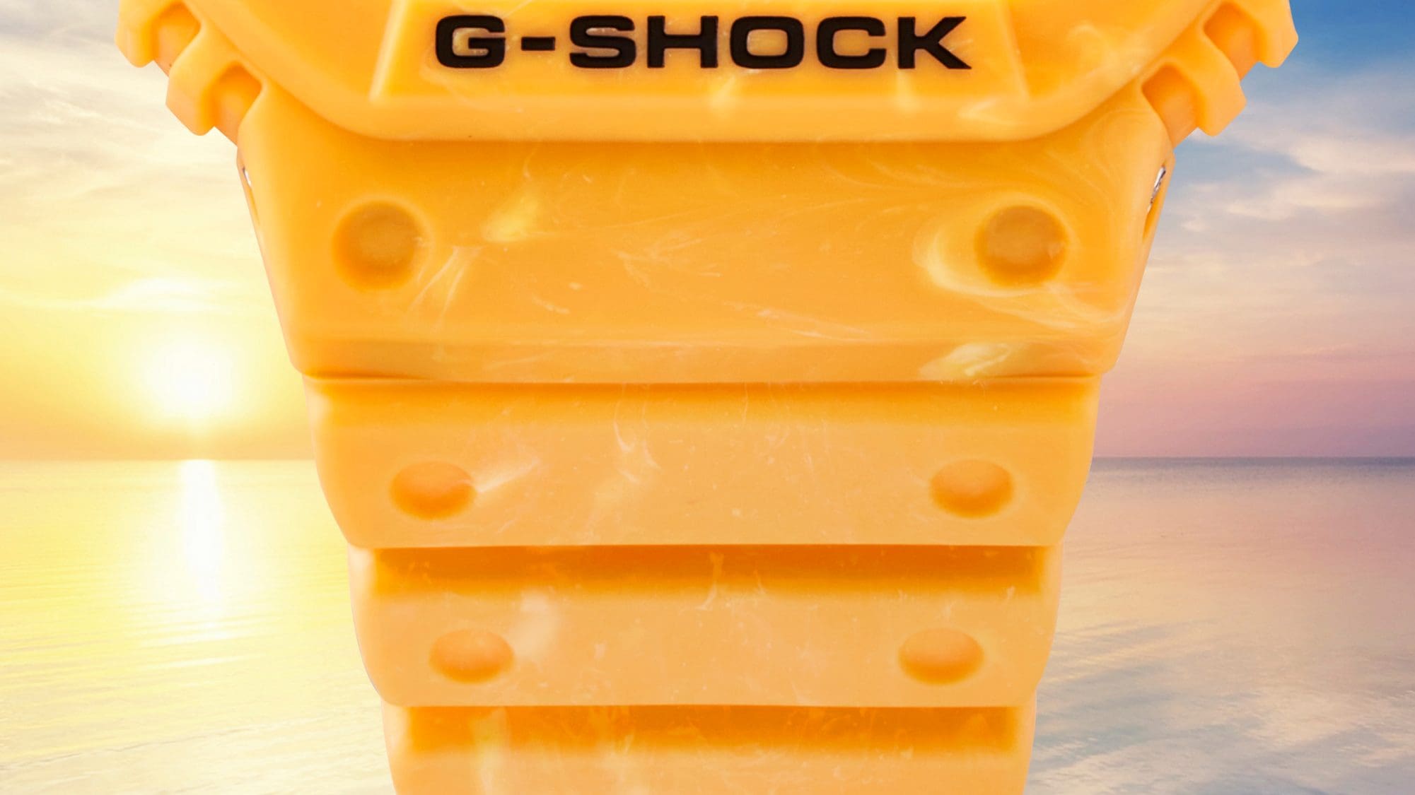 Close up of the yellow resin band of the G-5600SJF wrist watch 