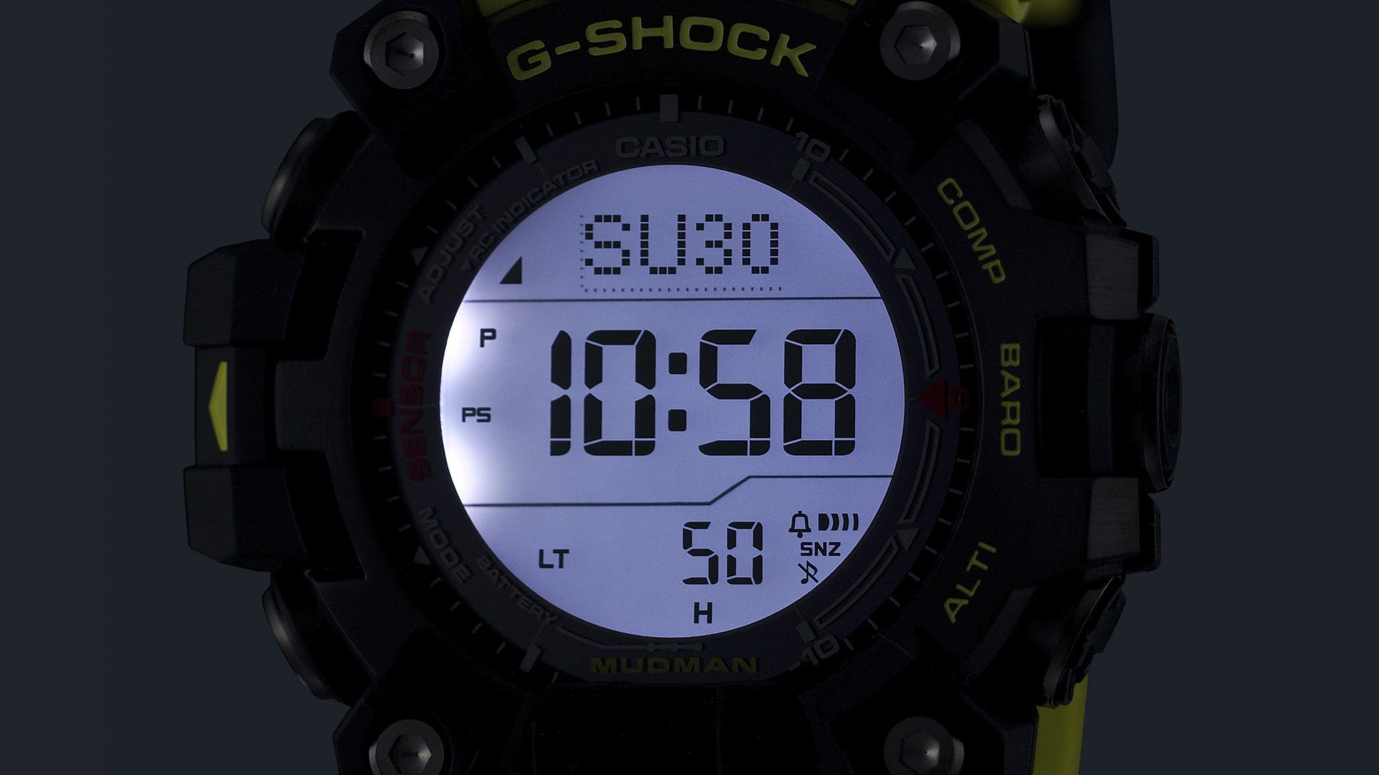 The illuminated display of the Mudman GW-9500MRY-1A9 digital watch in the dark