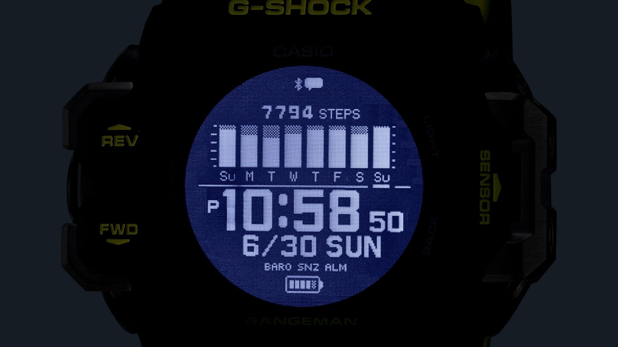 The illuminated display of the Rangeman GPR-H1000RY-1A9 wristwatch in the dark