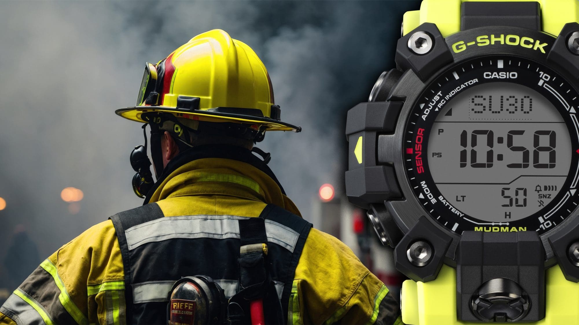 Close-up of the black and yellow Master of G Rangeman GPR-H1000RY-1A9, in the background: a firefighter from behind
