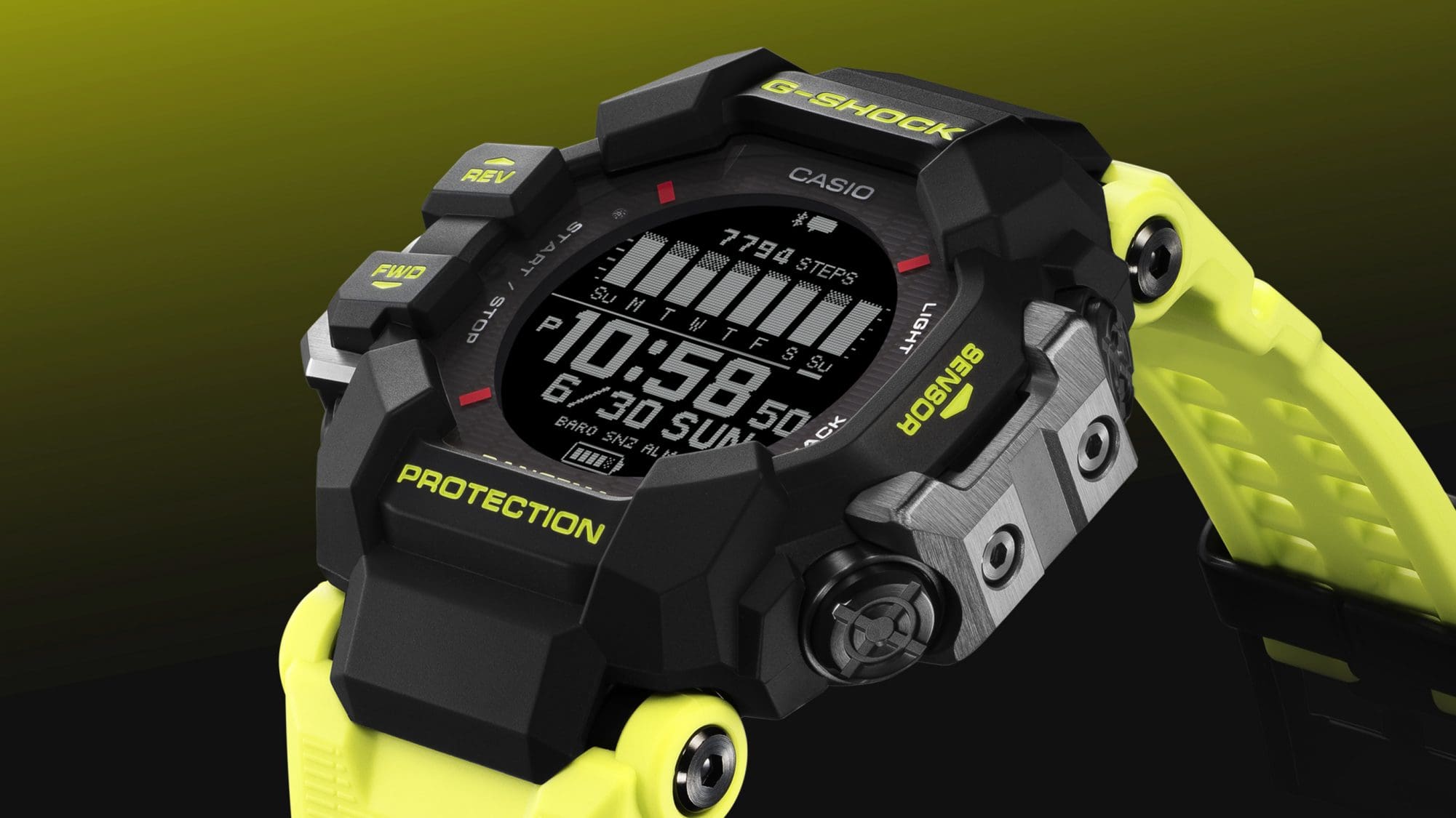 View of the display and case of the black and yellow Rangeman GPR-H1000RY-1A9 solar watch from diagonally above