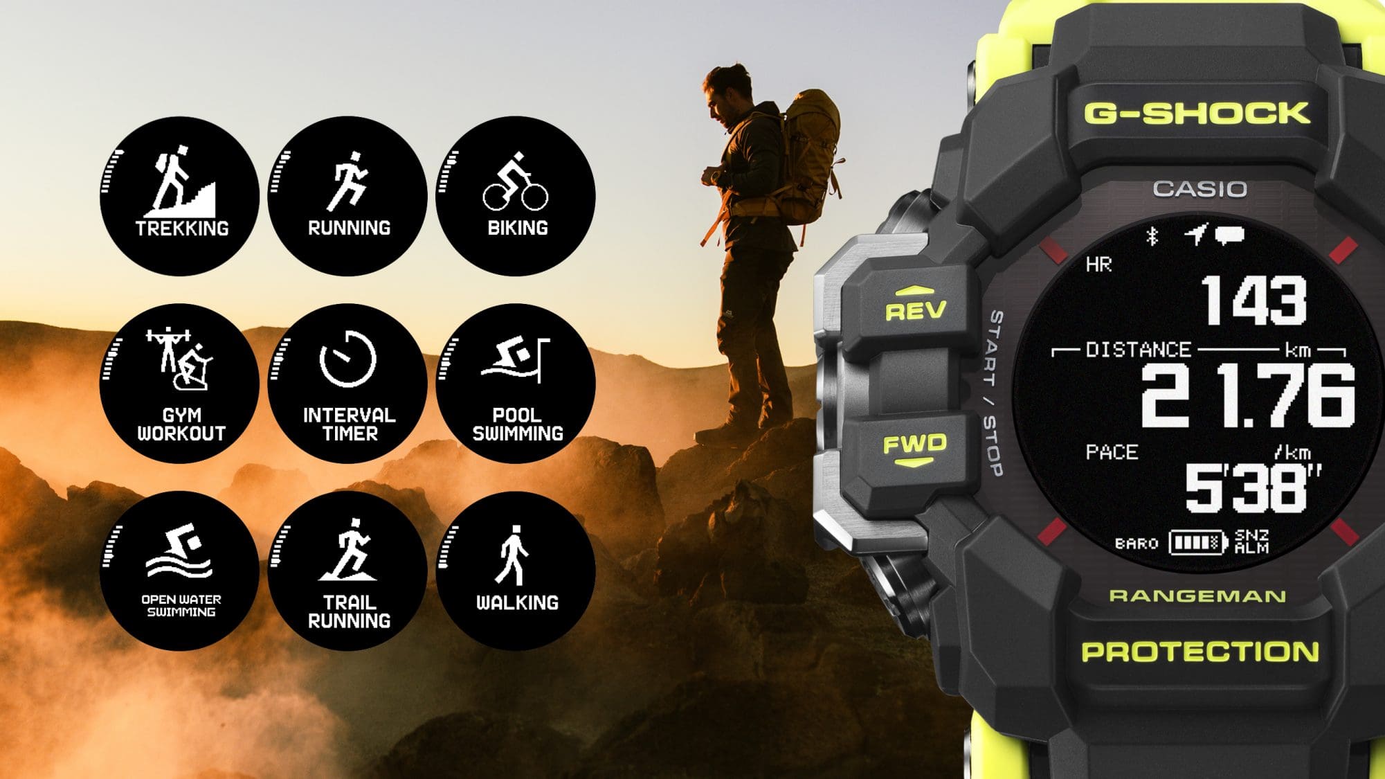 The display of the Casio G-Shock multifunction watch GPR-H1000RY-1A9 shows the distance travelled and average speed, with icons next to it showing the nine sports supported by the watch