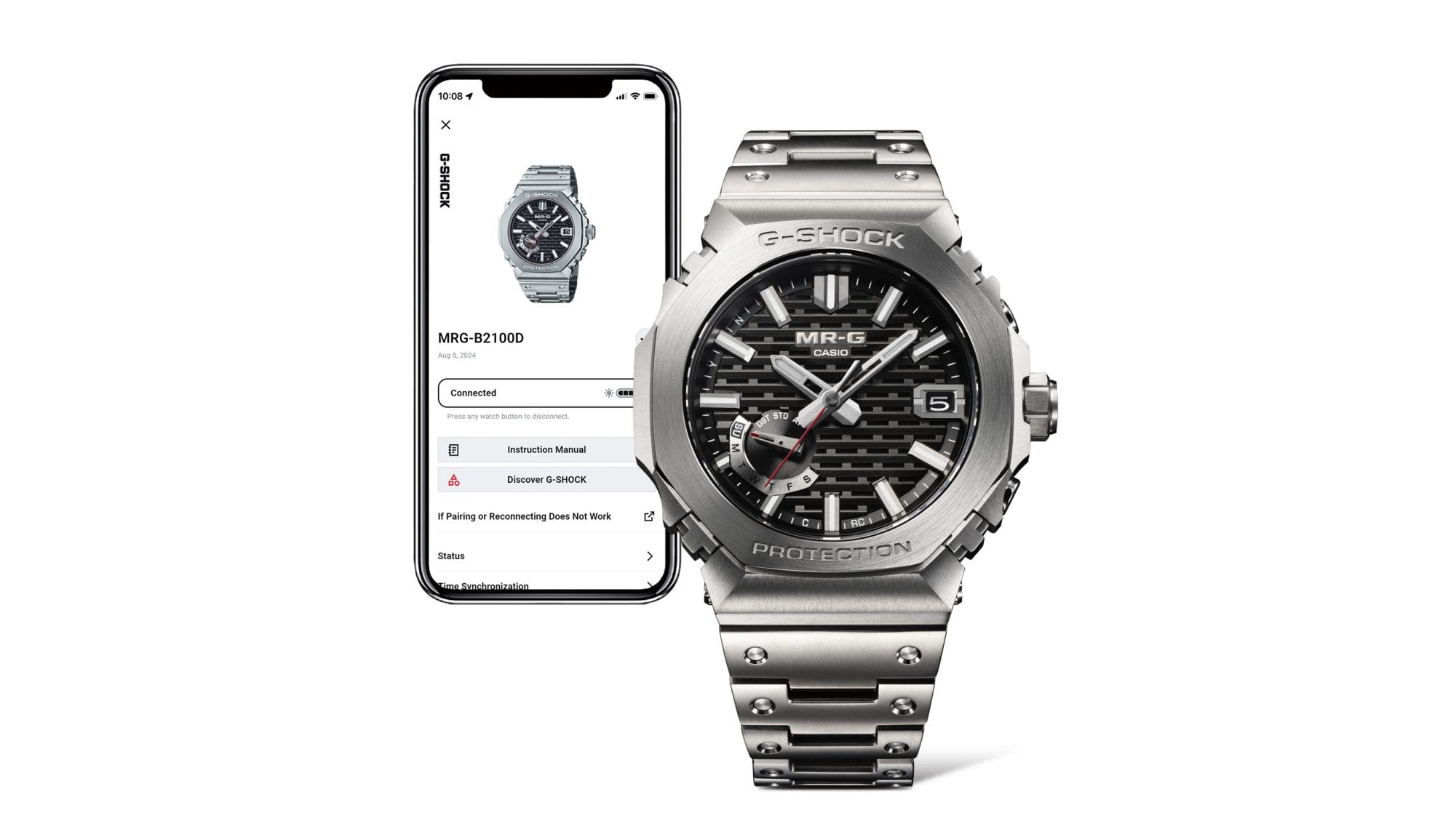 The silver G-Shock MRG-B2100D-1A titanium watch with Bluetooth® and radio control in front of a smartphone with the Casio Watches app on the screen