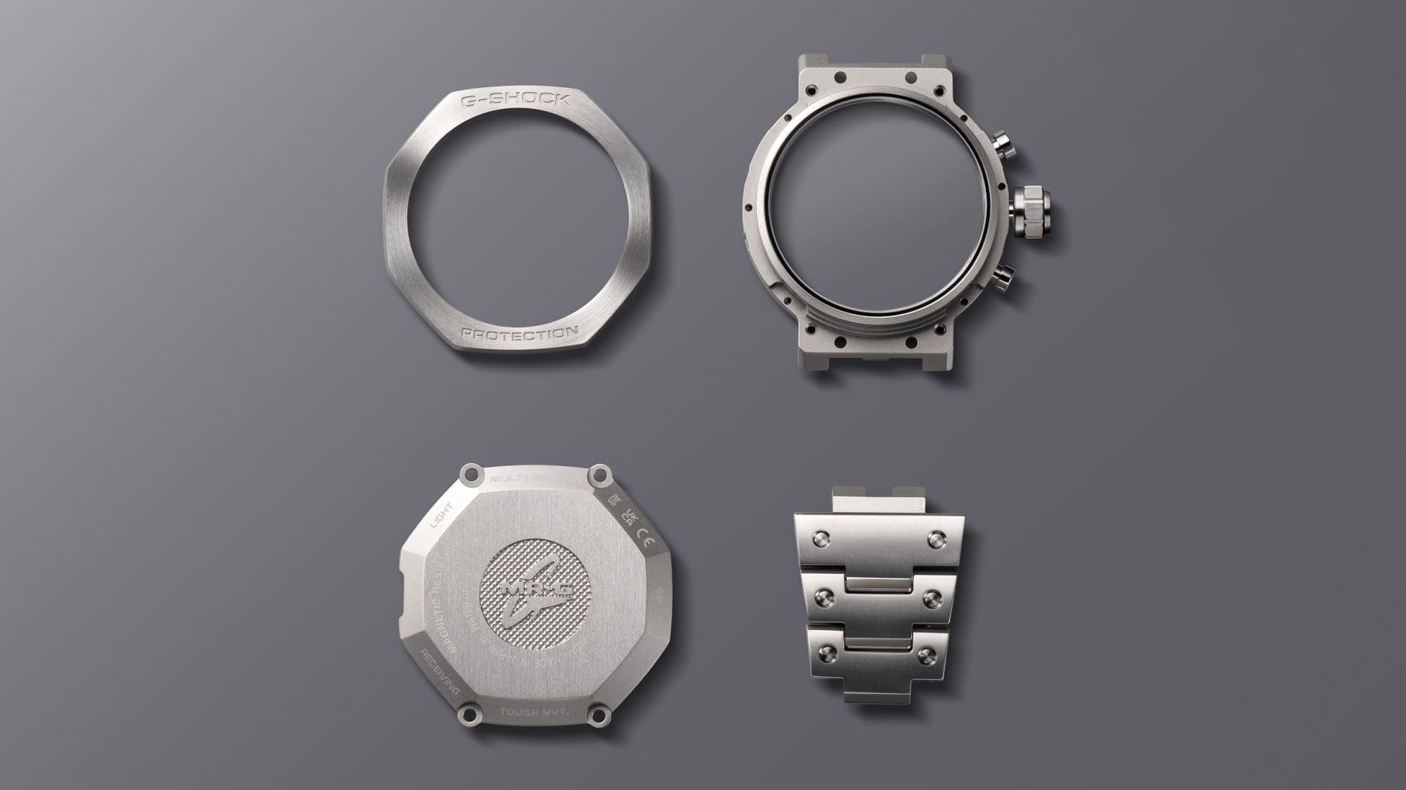 Bezel, case part with buttons, case back and bracelet part with three links