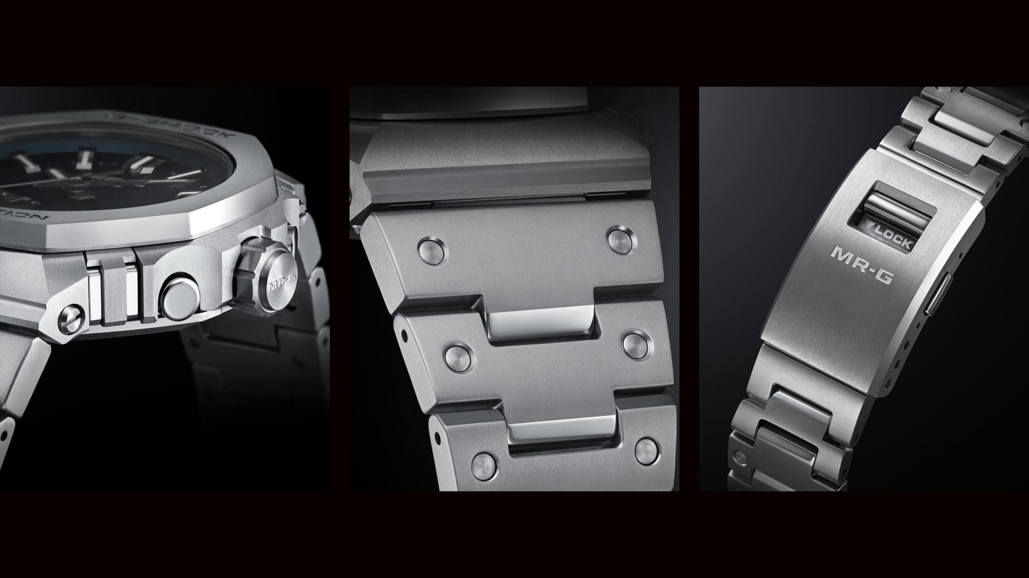 Three images side by side: on the left, the metal case viewed from the side; in the middle, a close-up of some links of the metal bracelet; on the right, the bracelet clasp in the locked position
