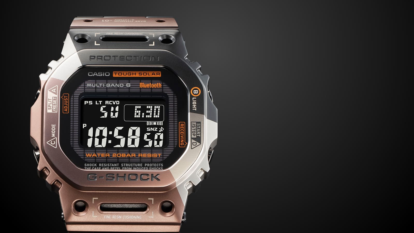 Front view of the display and case of the solar watch. 